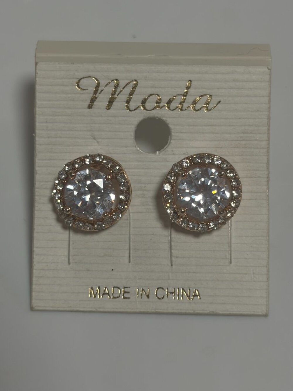 Moda Clear Rhinestone Halo Stud Earrings Gold Tone New on Card